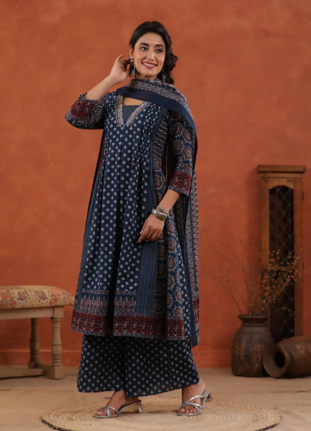 Blue Cotton Printed Anarkali Suit Set with Maroon Border – Daily & Festive Wear