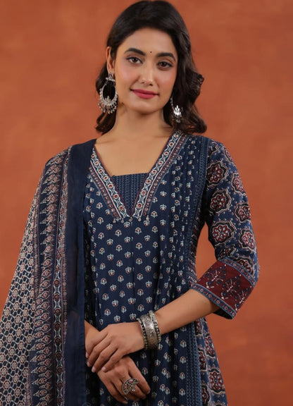 Blue Cotton Printed Anarkali Suit Set with Maroon Border – Daily & Festive Wear