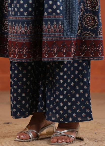 Blue Cotton Printed Anarkali Suit Set with Maroon Border – Daily & Festive Wear