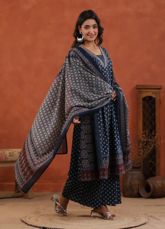 Blue Cotton Printed Anarkali Suit Set with Maroon Border – Daily & Festive Wear