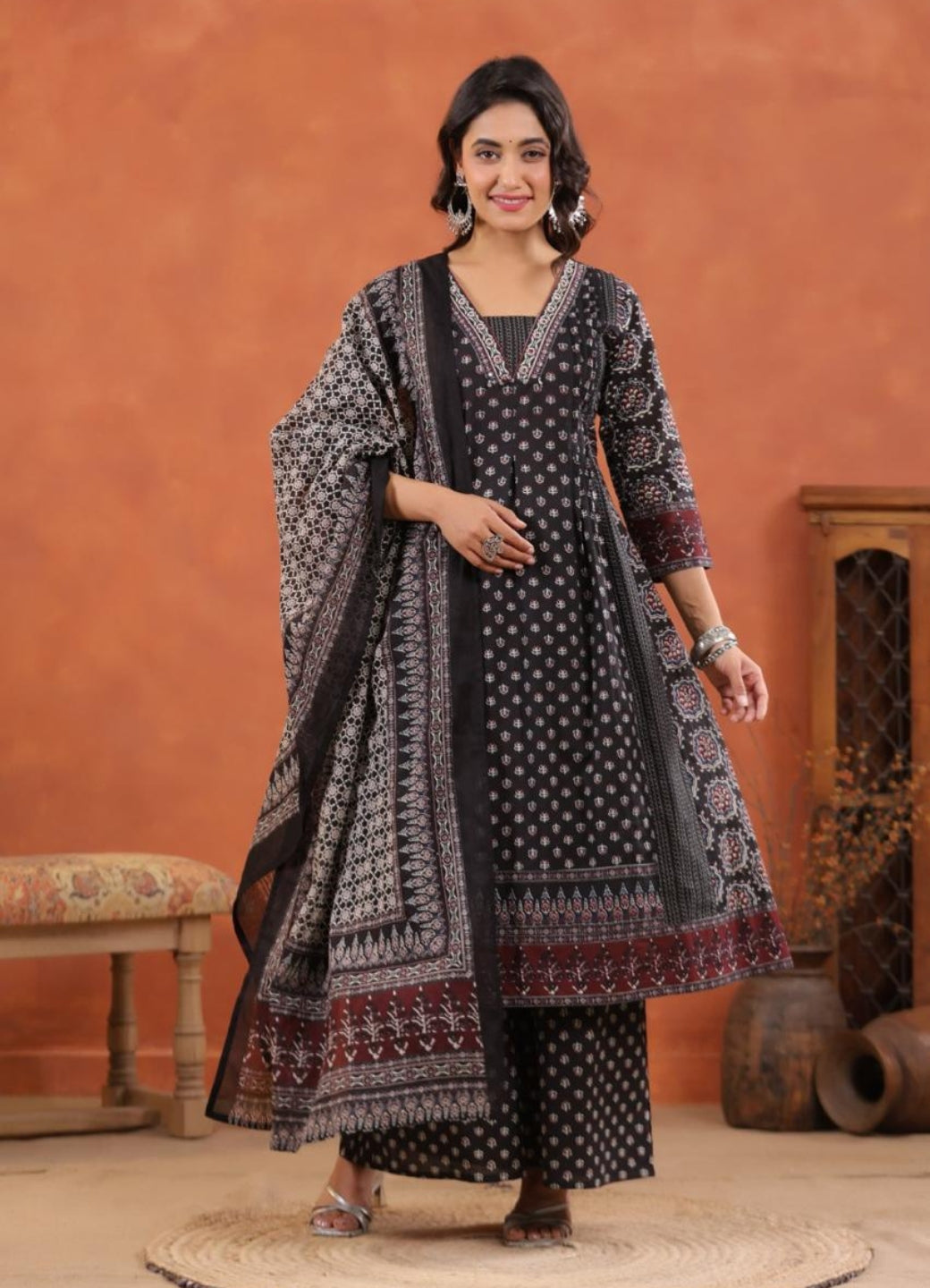Black Cotton Printed Anarkali Suit Set with Maroon Border – Daily & Festive Wear