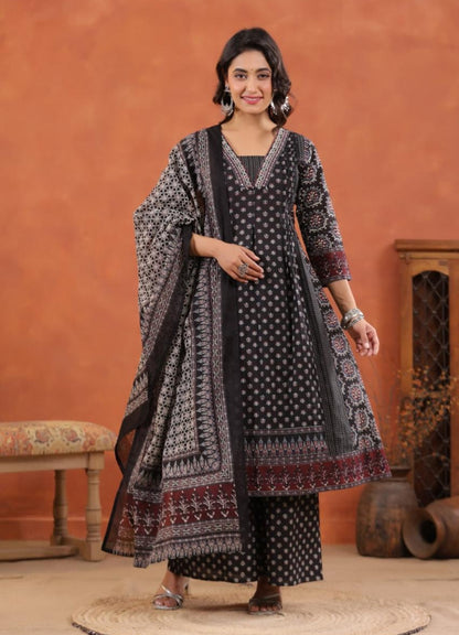 Black Cotton Printed Anarkali Suit Set with Maroon Border – Daily & Festive Wear