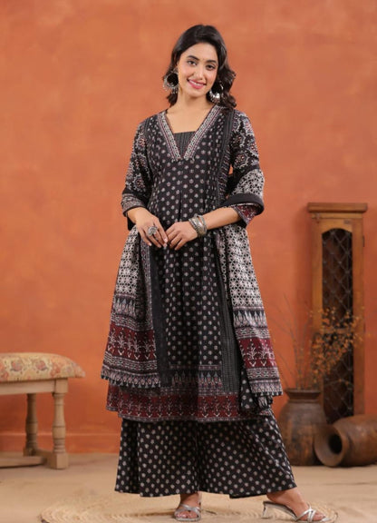 Black Cotton Printed Anarkali Suit Set with Maroon Border – Daily & Festive Wear