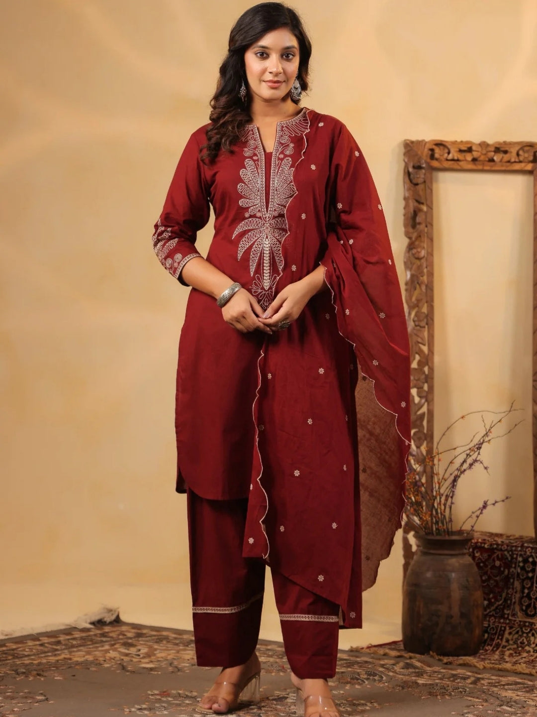 Maroon Pure Cotton Embroidered Kurta Set with Farsi Salwar