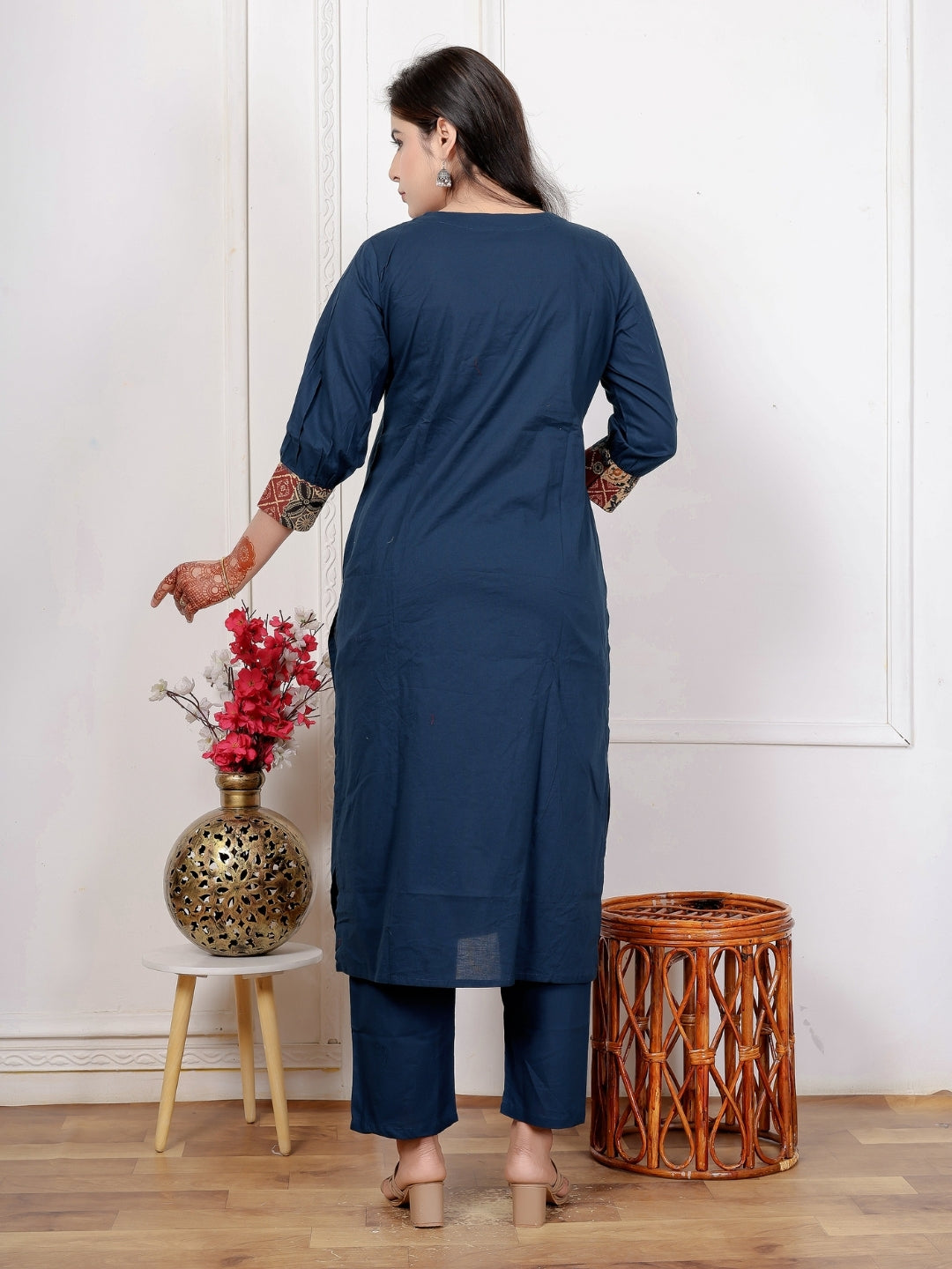 Navy Blue Cotton Kurta Set with Patch Handwork and Printed Dupatta – Ethnic Wear