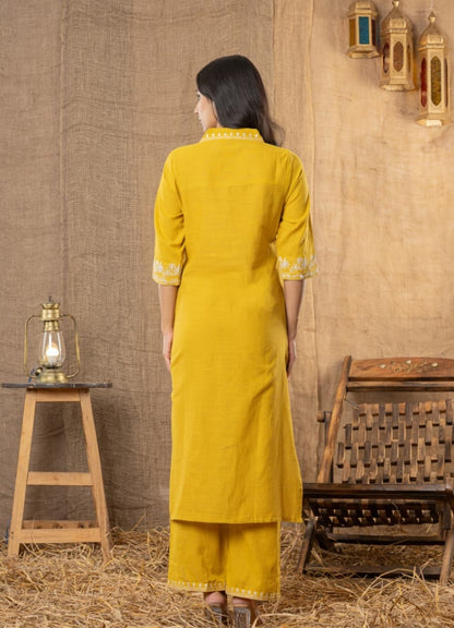 Mustard Yellow Cotton Slub Kurta Set with Pockets