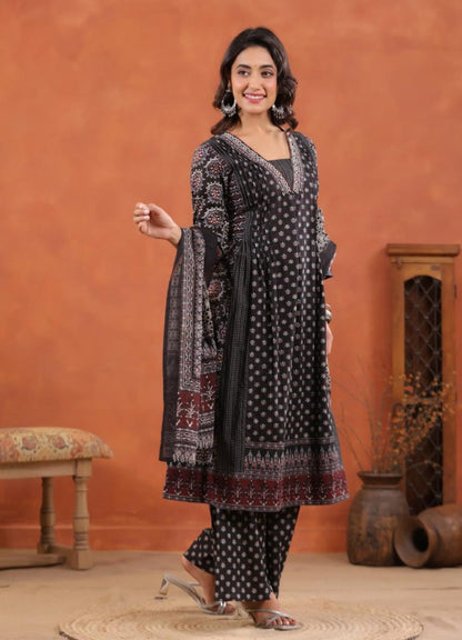 Black Cotton Printed Anarkali Suit Set with Maroon Border – Daily & Festive Wear