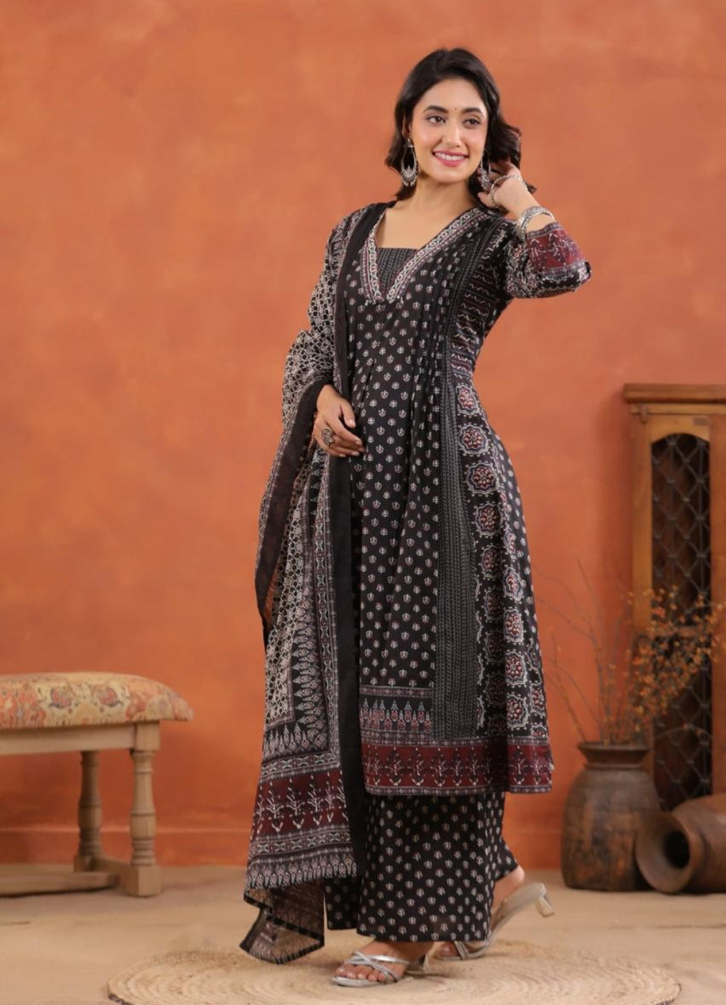 Black Cotton Printed Anarkali Suit Set with Maroon Border – Daily & Festive Wear