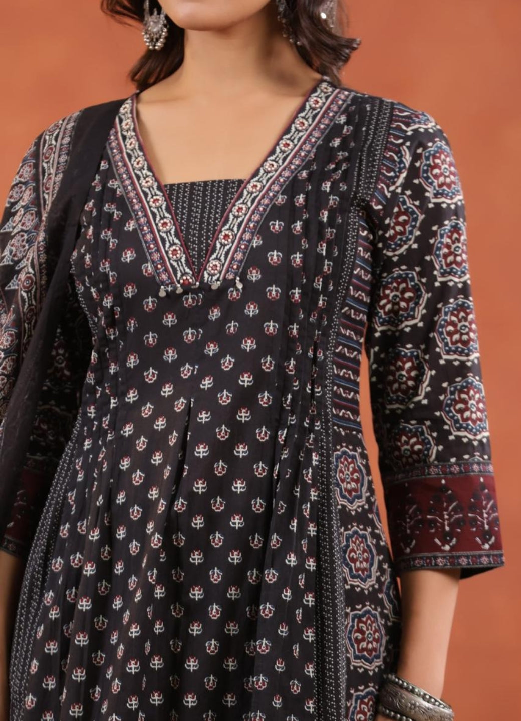 Black Cotton Printed Anarkali Suit Set with Maroon Border – Daily & Festive Wear