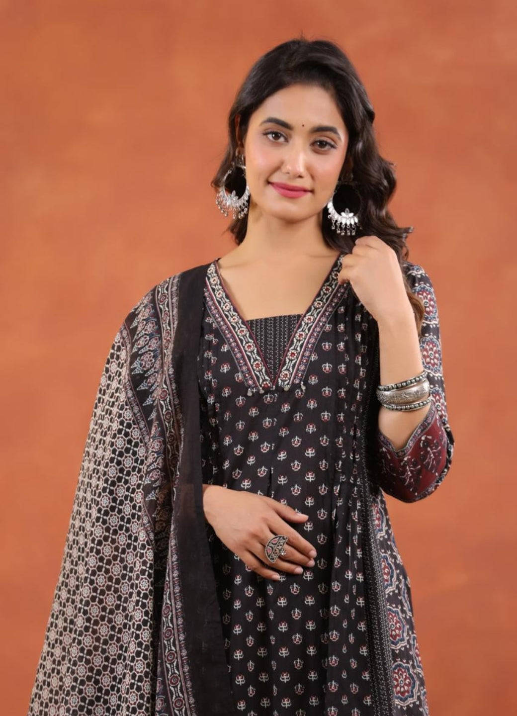 Black Cotton Printed Anarkali Suit Set with Maroon Border – Daily & Festive Wear