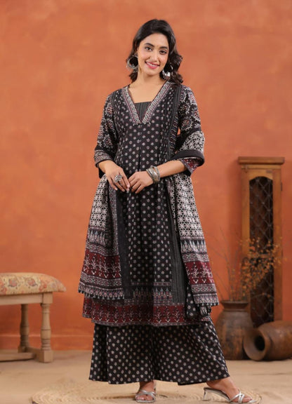 Black Cotton Printed Anarkali Suit Set with Maroon Border – Daily & Festive Wear