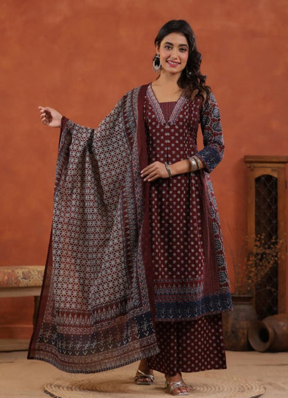 Maroon Cotton Printed Anarkali Suit Set with Indigo Border – Daily & Festive Wear