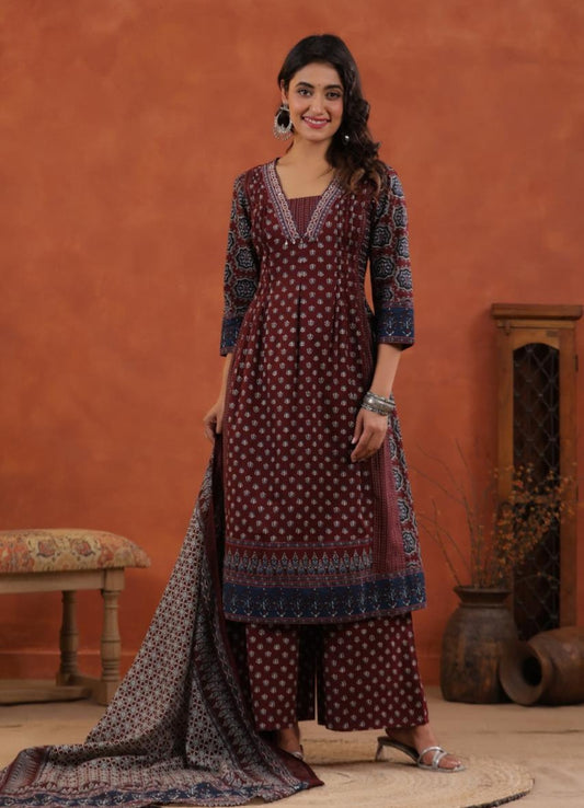 Maroon Cotton Printed Anarkali Suit Set with Indigo Border – Daily & Festive Wear