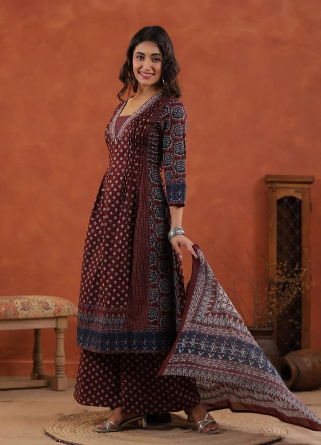 Maroon Cotton Printed Anarkali Suit Set with Indigo Border – Daily & Festive Wear