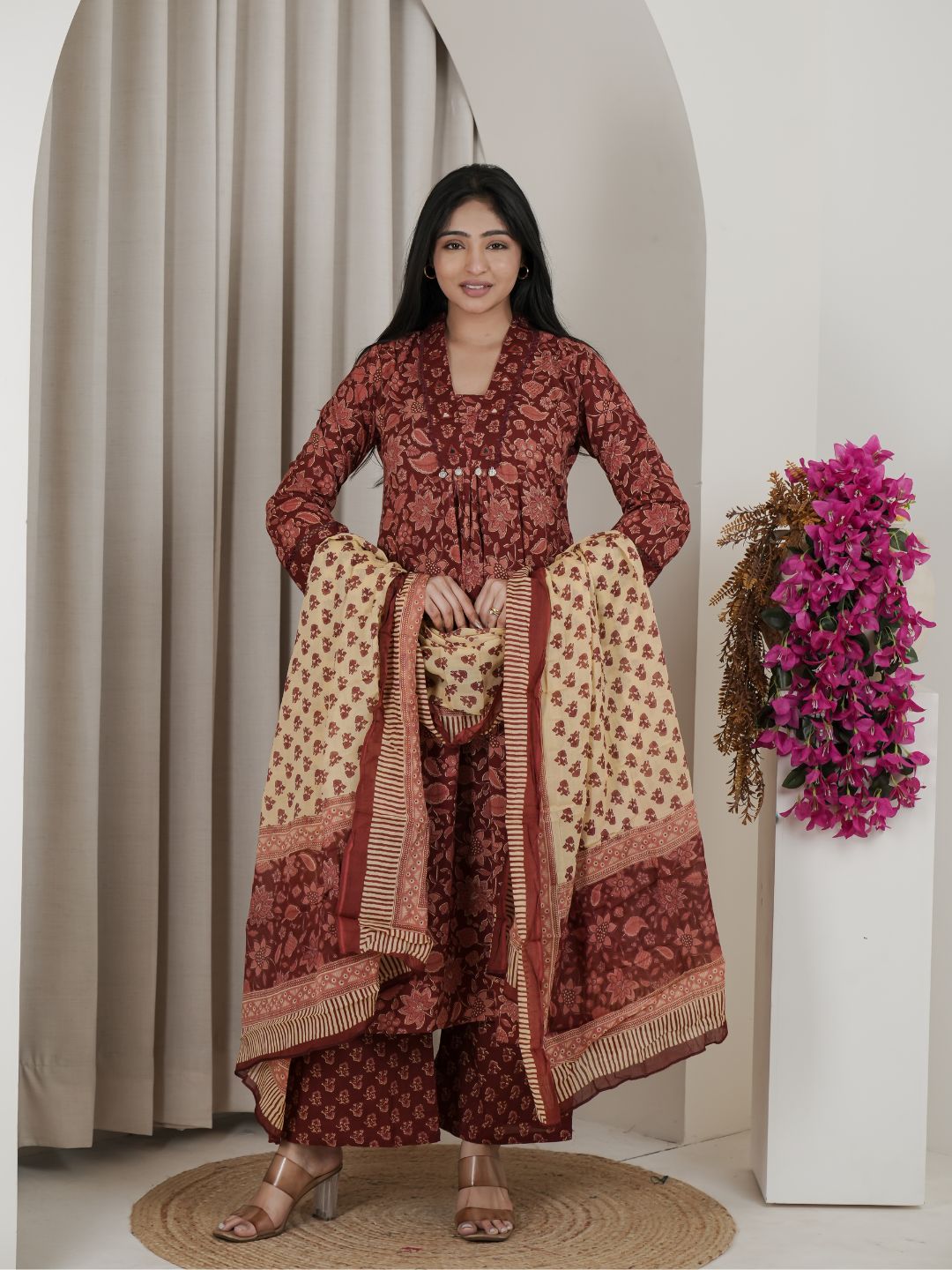 Rust Brown Floral Jaipuri Cotton A-Line Kurta Set with Printed Dupatta