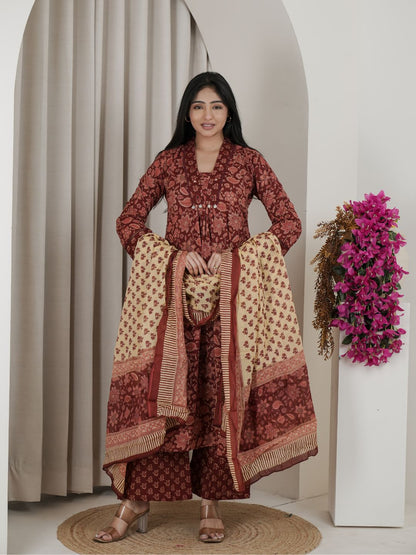 Rust Brown Floral Jaipuri Cotton A-Line Kurta Set with Printed Dupatta