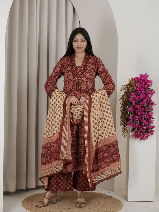 Rust Brown Floral Jaipuri Cotton A-Line Kurta Set with Printed Dupatta