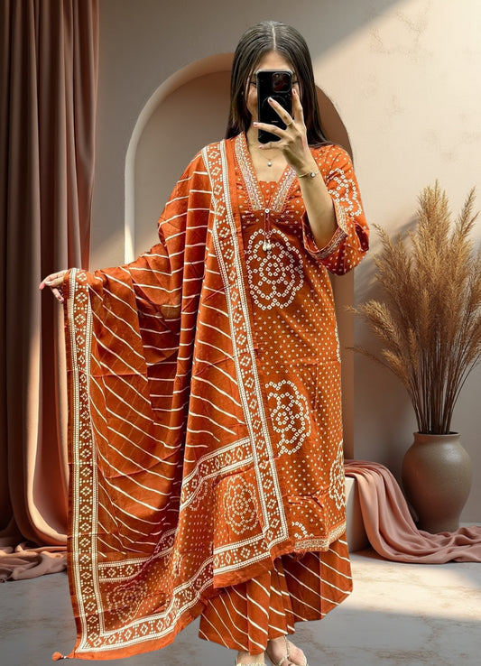 Rust Orange Cotton Bandhej Suit Set with Printed Dupatta – Ethnic Wear