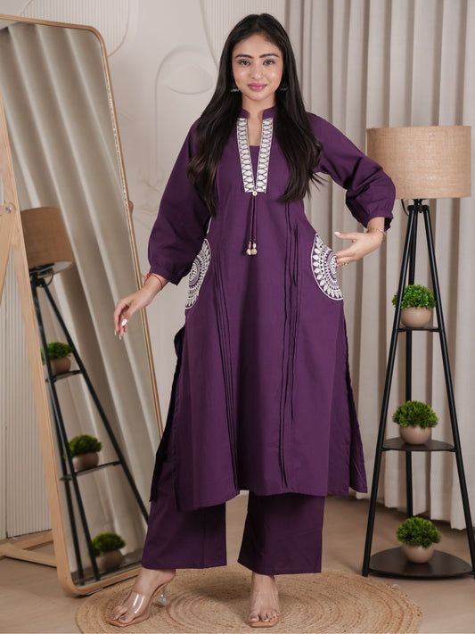 Plum Purple Dabu Cotton A-Line Kurta Set with Handcrafted Embroidery