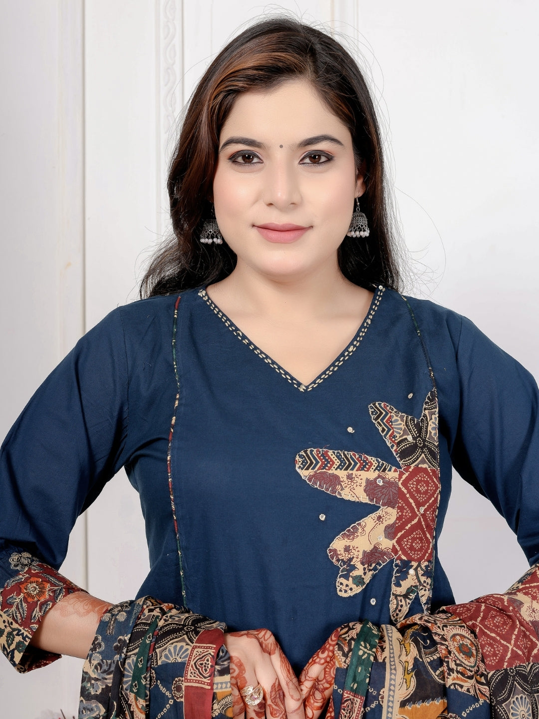 Navy Blue Cotton Kurta Set with Patch Handwork and Printed Dupatta – Ethnic Wear