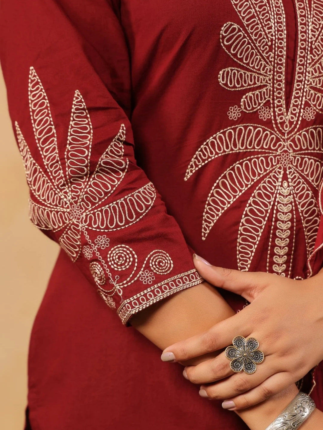 Maroon Pure Cotton Embroidered Kurta Set with Farsi Salwar