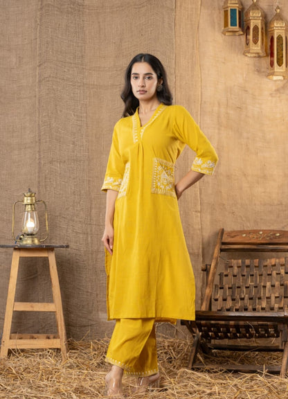 Mustard Yellow Cotton Slub Kurta Set with Pockets