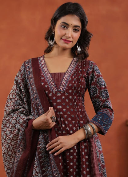 Maroon Cotton Printed Anarkali Suit Set with Indigo Border – Daily & Festive Wear