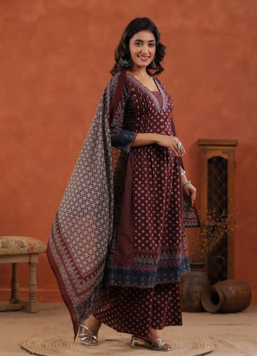 Maroon Cotton Printed Anarkali Suit Set with Indigo Border – Daily & Festive Wear