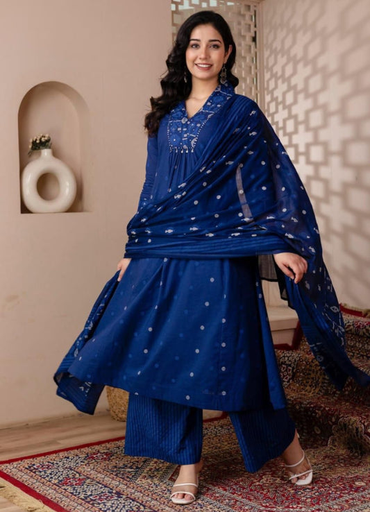 Royal Blue Cotton A-Line Suit Set with Embroidery – Festive & Daily Wear
