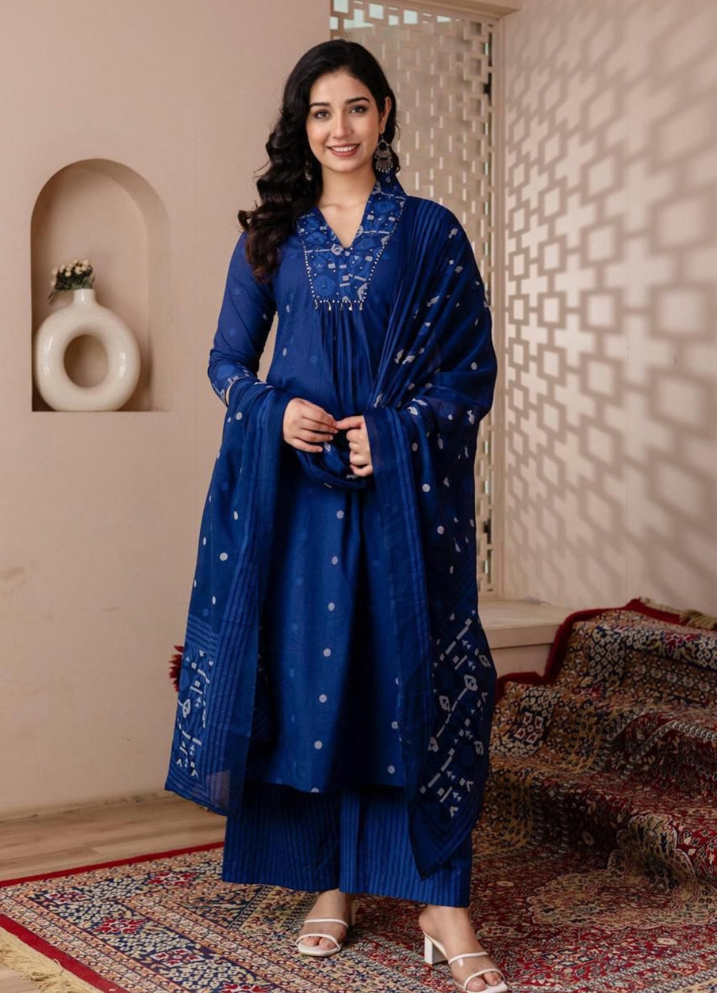 Royal Blue Cotton A-Line Suit Set with Embroidery – Festive & Daily Wear