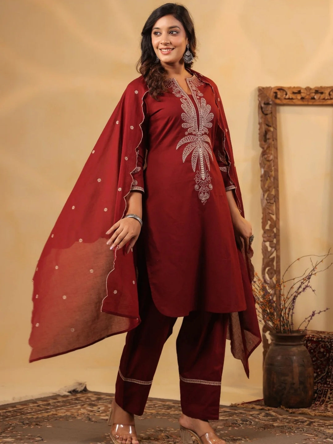 Maroon Pure Cotton Embroidered Kurta Set with Farsi Salwar