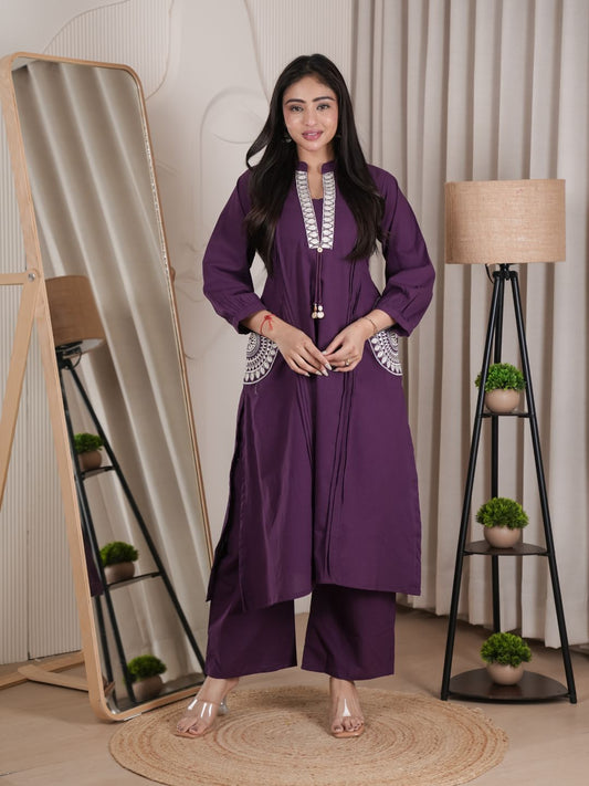 Plum Purple Dabu Cotton A-Line Kurta Set with Handcrafted Embroidery