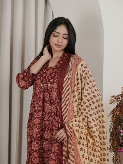 Rust Brown Floral Jaipuri Cotton A-Line Kurta Set with Printed Dupatta