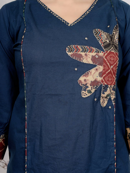 Navy Blue Cotton Kurta Set with Patch Handwork and Printed Dupatta – Ethnic Wear