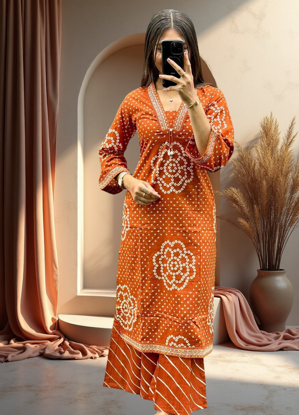 Rust Orange Cotton Bandhej Suit Set with Printed Dupatta – Ethnic Wear