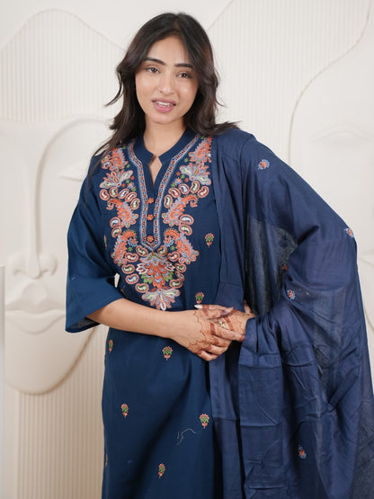 Navy Blue Embroidered Cotton Flex Kurta Palazzo Set with Dupatta