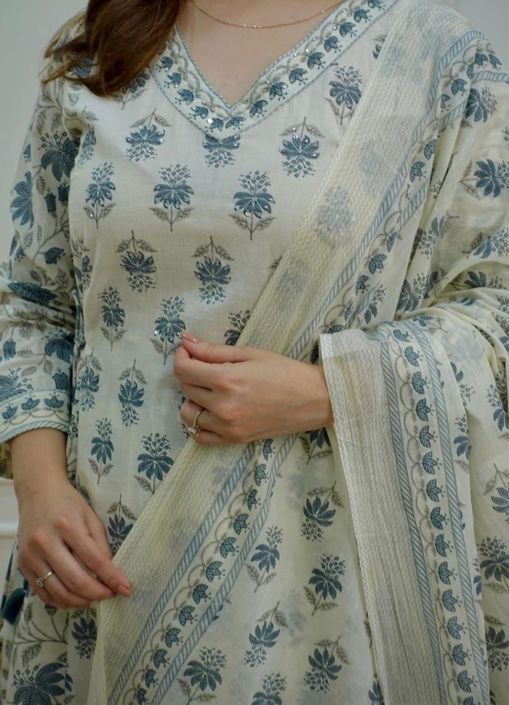 Cream Grey Cotton Afghani Suit Set with Floral Print – Ethnic Wear