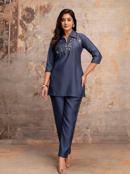Deep Navy Roman Silk Kurta Pant Set with Handcrafted Floral Embroidery