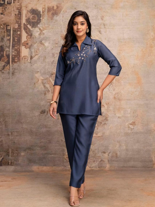Deep Navy Roman Silk Kurta Pant Set with Handcrafted Floral Embroidery