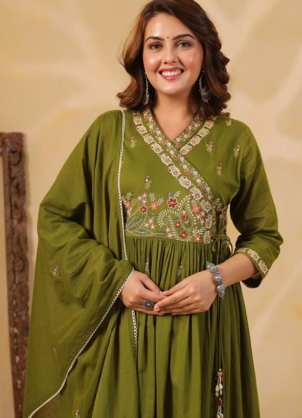 Olive Green Mul Cotton Angarkha Suit Set with Embroidered Detailing – Ethnic Wear