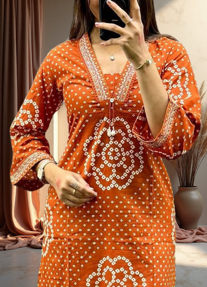 Rust Orange Cotton Bandhej Suit Set with Printed Dupatta – Ethnic Wear
