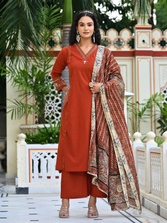 Rust Cotton A-Line Kurta Set with Embroidered Pocket & Printed Dupatta