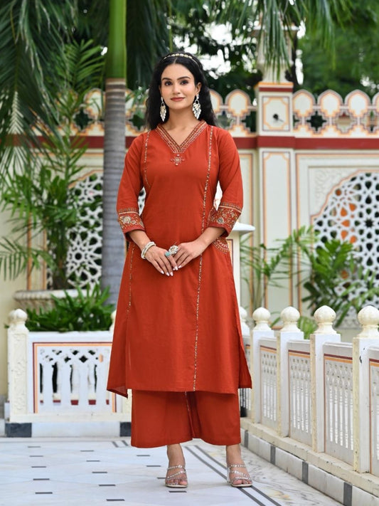 Rust Cotton A-Line Kurta Set with Embroidered Pocket & Printed Dupatta