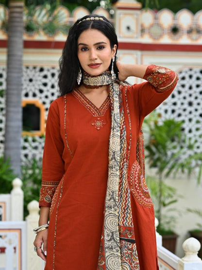 Rust Cotton A-Line Kurta Set with Embroidered Pocket & Printed Dupatta
