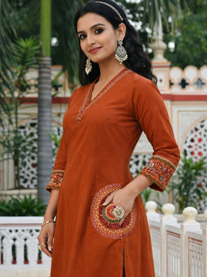 Rust Cotton A-Line Kurta Set with Embroidered Pocket & Printed Dupatta