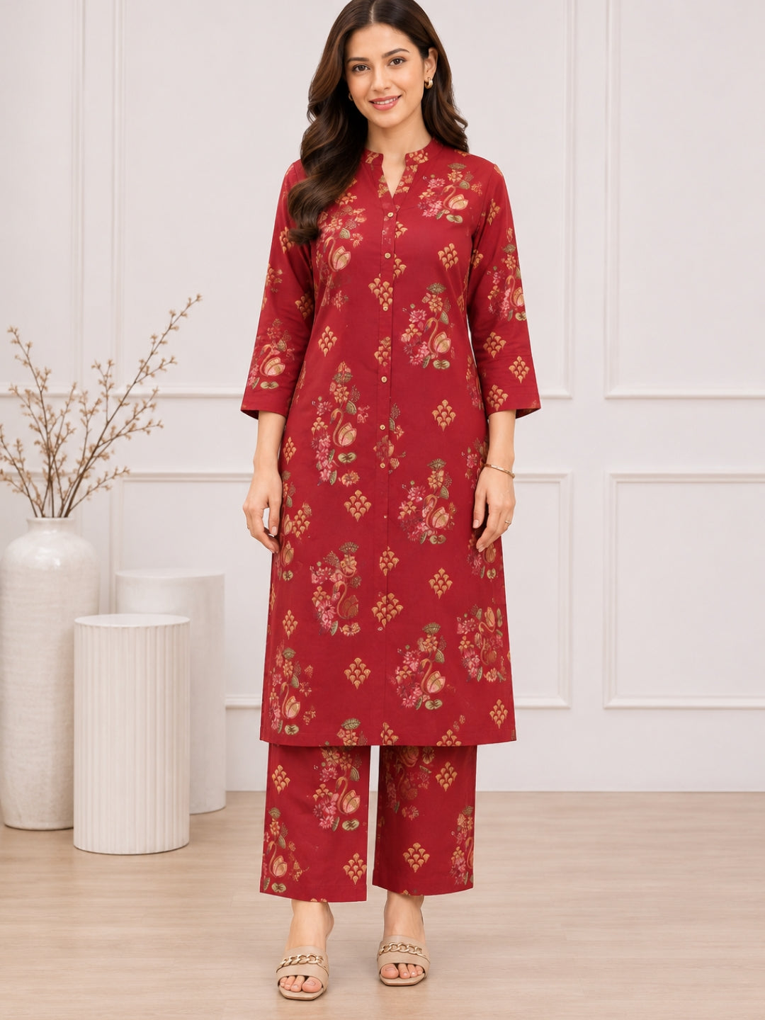Maroon Floral Printed Cotton Kurta Set with Straight Palazzo