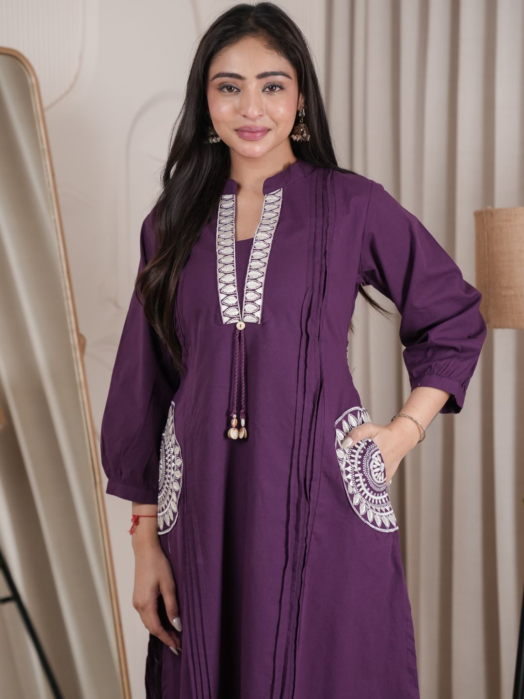 Plum Purple Dabu Cotton A-Line Kurta Set with Handcrafted Embroidery