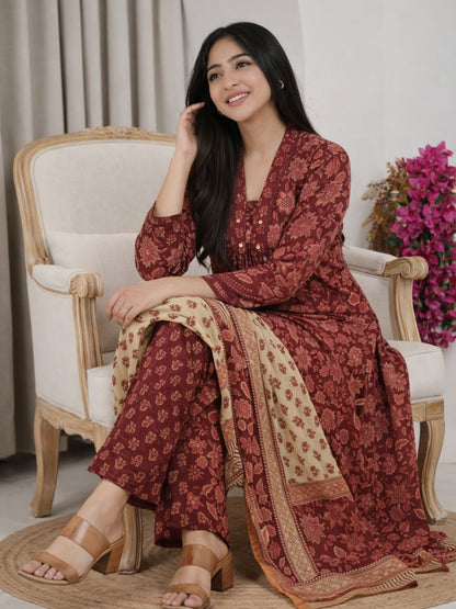 Rust Brown Floral Jaipuri Cotton A-Line Kurta Set with Printed Dupatta