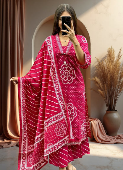 Fuchsia Pink Cotton Bandhej Suit Set with Printed Dupatta – Ethnic Wear