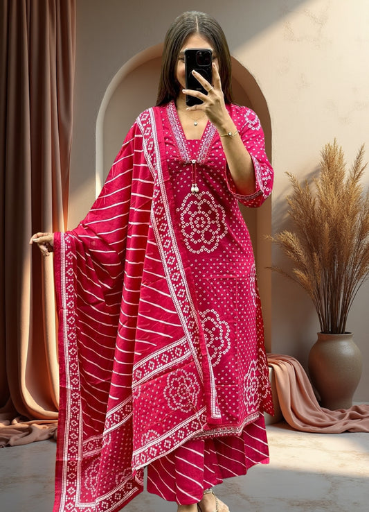 Fuchsia Pink Cotton Bandhej Suit Set with Printed Dupatta – Ethnic Wear